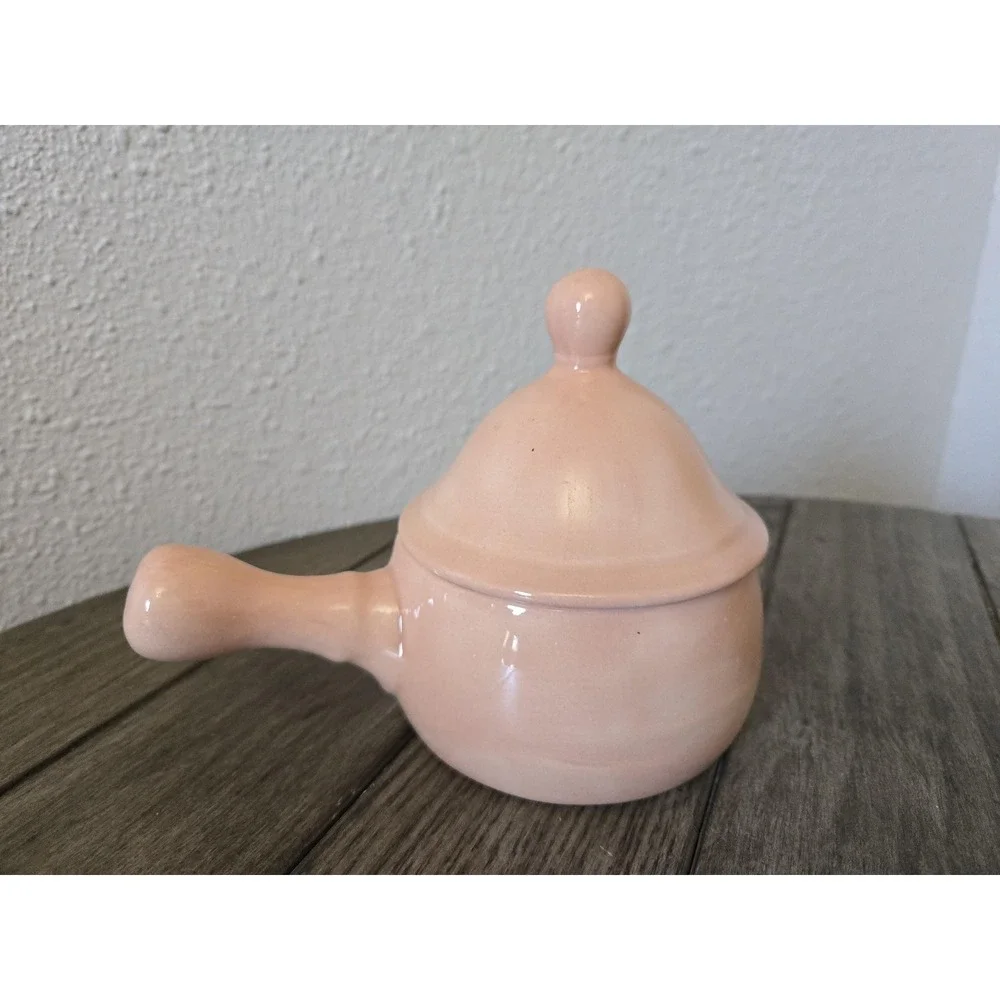 Vintage Hand Thrown Studio Pottery Peach Ceramic Soup Bowl W/Handle & Lid MCM